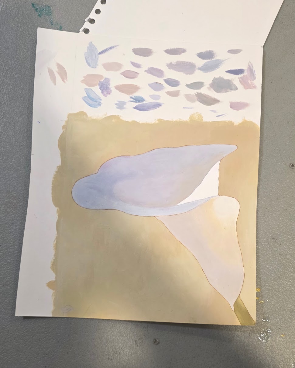 Finished calla lily study by ArtY after Mark Adams, in soft purple and cream tones, with colour swatches above