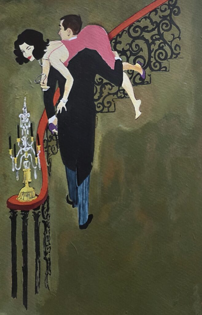 Vintage 1950s style gouache painting by ArtY: a man in a black suit carrying a woman in a pink and black dress up a staircase with a red banister and wrought iron railing